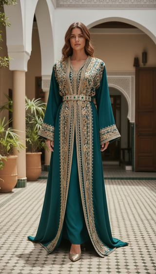Handmade Luxury Moroccan Kimono Bqaftan Green