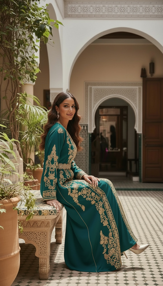 Handmade Luxury Moroccan Kimono Bqaftan Green