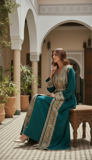Handmade Luxury Moroccan Kimono Bqaftan Green