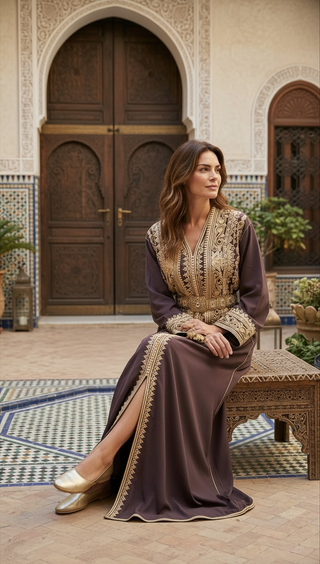 Handmade Luxury Moroccan Kimono Bqaftan Brown